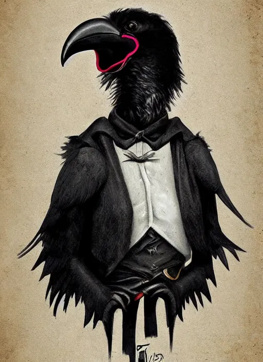 Image similar to an anthropomorphic raven dressed as edgar allen poe, detailed digital art, trending on artstation