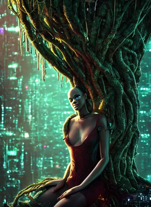 Image similar to intricate Kierra Knightley, growing off a tree, on the background of a weird magical mechanical forest. Very detailed 8k. Fantasy cyberpunk horror. Sharp. Cinematic post-processing