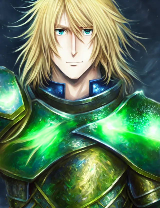 Image similar to an anime portrait of a long haired blonde man with blue eyes in green plate armour glowing with green energy, trending on artstation, digital art, 4 k resolution, detailed, high quality, sharp focus, hq artwork, coherent, insane detail