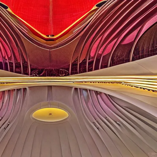 Image similar to interior of a futuristic lotus temple with gold, red and white marble panels, in the desert, by buckminster fuller and syd mead, intricate contemporary architecture, photo journalism, photography, cinematic, national geographic photoshoot