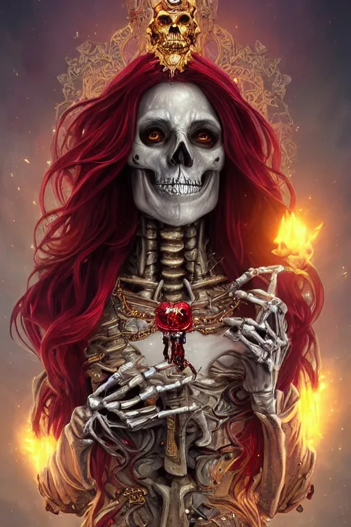 Image similar to woman lich skeleton made of iridescent aether and shiny gems covered with blood, long red hair, golden necklace, ultra realistic, concept art, intricate details, highly detailed, photorealistic, octane render, 8 k, unreal engine. dnd art by artgerm and greg rutkowski and alphonse mucha