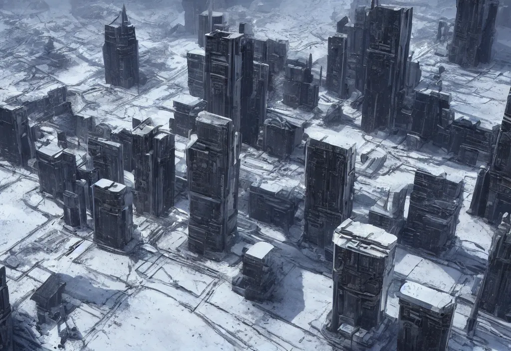 Prompt: Small brutalist modern concrete and metallic tower on a cold, snowy hill. Concept art, star citizen.