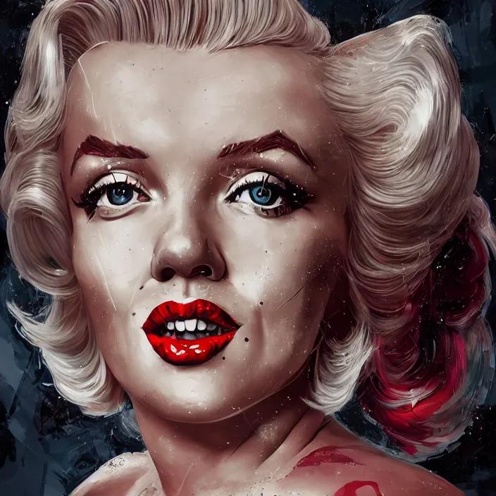 Image similar to portrait of Marilyn Monroe as a harley quinn. intricate abstract. intricate artwork. by Tooth Wu, wlop, beeple, dan mumford. octane render, trending on artstation, greg rutkowski very coherent symmetrical artwork. cinematic, hyper realism, high detail, octane render, 8k, iridescent accents