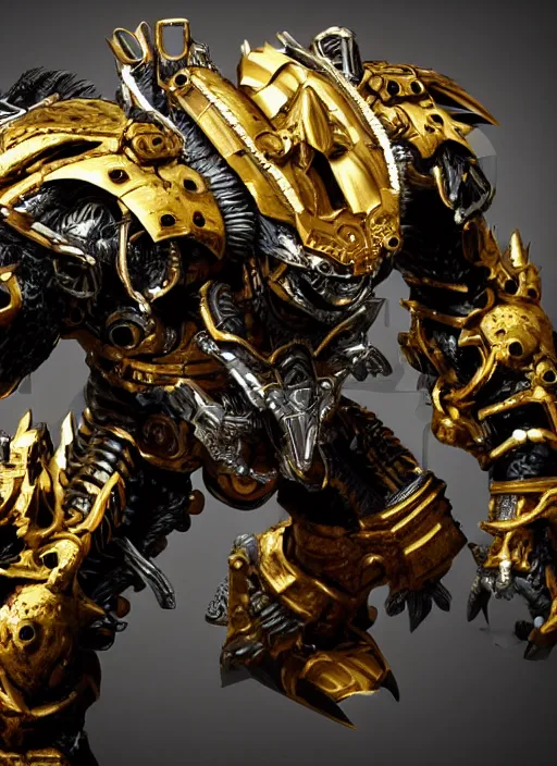 Image similar to hyper realistic glorious ancient wargreymon in a obsidian metal armor, futuristic design, designed by makoto kobayashi and luca zampriolo, portrait, cyberpunk style, wood and gold details, intricate, extremely detailed, ornate, deep of field, hard surface, exoskeleton, substance designer metal unreal engine, very detailed.