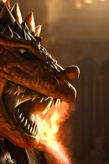 Image similar to very very intricate photorealistic photo of bowser in an episode of game of thrones, photo is in focus with detailed atmospheric lighting, award - winning details