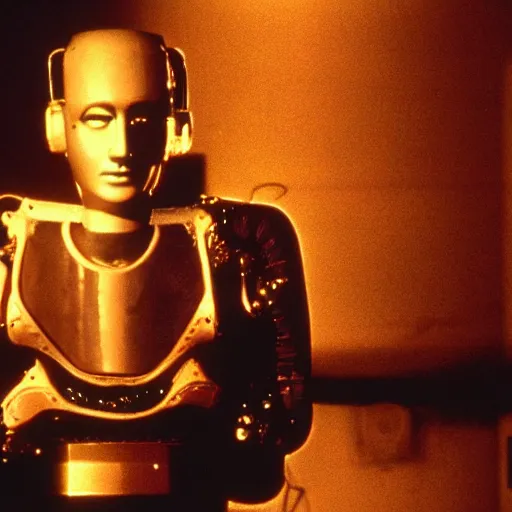 Prompt: the man with the robot head, movie by david lynch,