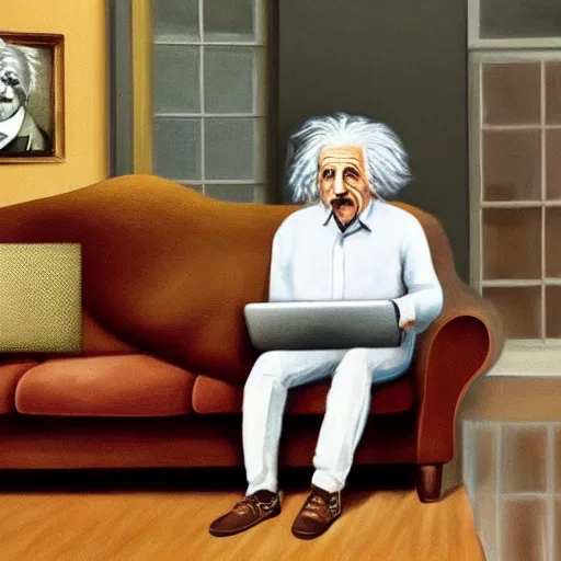 Image similar to highly detailed photorealistic full body portrait of albert einstein inside a modern living room while he is using his Apple MacBook Pro on the sofa