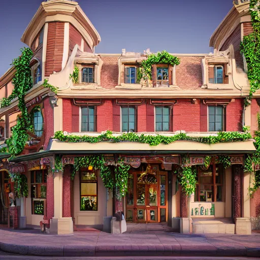 Image similar to charming mainstreet disneyland type building with ivy growing up it, octane render, hyperdetailed, photorealistic, natural light