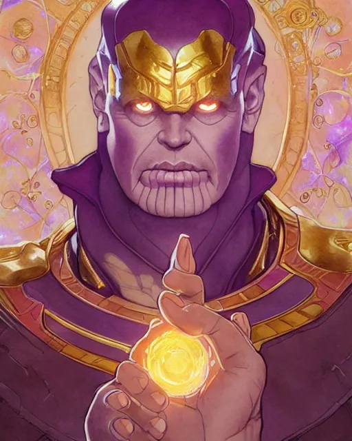 Image similar to thanos using the infinity stones to summon fried eggs, highly detailed, gold filigree, romantic storybook fantasy, soft cinematic lighting, award, disney concept art watercolor illustration by mandy jurgens and alphonse mucha and alena aenami, pastel color palette, featured on artstation