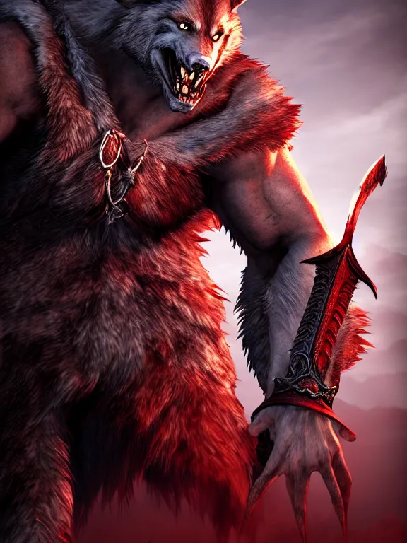 Prompt: cute handsome cuddly burly surly relaxed calm timid werewolf from van helsing holding a sword unreal engine hyperreallistic render 8k character concept art masterpiece screenshot from the video game the Elder Scrolls V: Skyrim deep vibrant scarlet crimson red