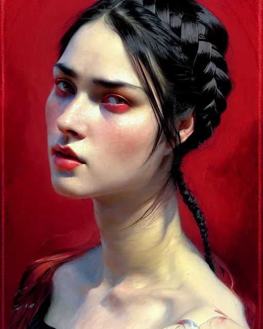 Prompt: noble woman with black hair, red eyes, beautiful girl, close up portrait, moonlight, highkey, braids, realistic, serov, surikov, vasnetsov, repin, kramskoi, paint texture, low aperature, insanely detailed, charlie bowater, tom bagshaw, octane rendered, unreal engine, illustration, trending on artstation, masterpiece