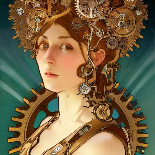 Prompt: A close-up portrait of a beautiful female android wearing an intricate crown of gears by Alphonse Mucha, exposed inner gears, bright soulful eyes, steampunk, gears, steam, art nouveau card, concept art, wlop, trending on artstation