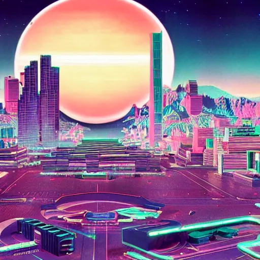 Prompt: a retrowave aesthetic! Planetary City by Ansel Adams and Bernardo Bellotto
