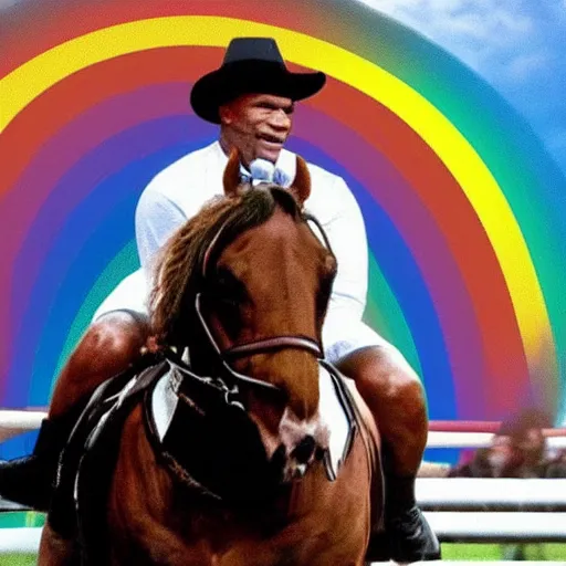 Prompt: mike tyson and arnold schwarzenegger riding a horse in front of a rainbow