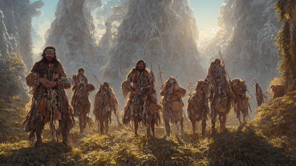 Prompt: highly detailed portrait of a group of grizzled indigenous men, feathered headdress, traditional clothing, unreal engine, fantasy art by greg rutkowski, ferdinand knab, makoto shinkai and lois van baarle, ilya kuvshinov, rossdraws, tom bagshaw, global illumination, radiant light, detailed and intricate environment, group of hunters