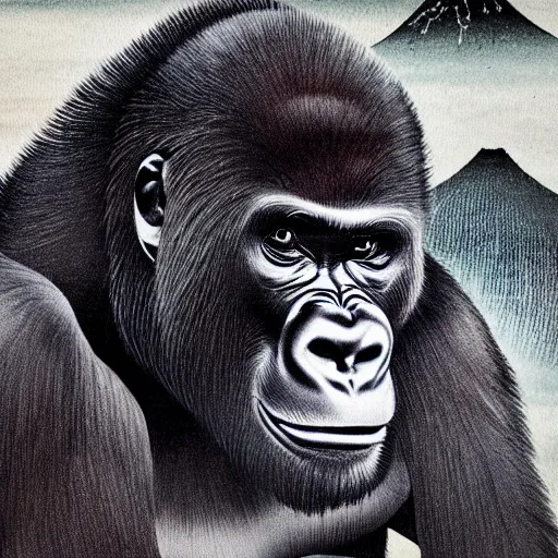 Image similar to japanese ink block painting of a gorilla, 4 k, hyper realistic, dslr, high resolution, landscape, beautiful