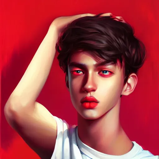 Image similar to colorful and festive captivating teenager with straight short brown hair covering his eye, dark skin, big lips, big eyes, wearing a red t - shirt. rich vivid colors, ambient lighting, dynamic lighting, 4 k, atmospheric lighting, painted, intricate, highly detailed by charlie bowater