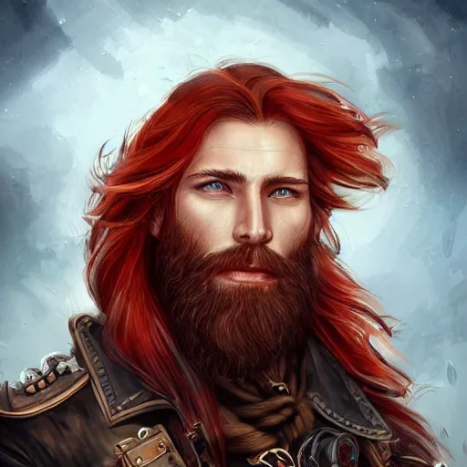 Prompt: rugged ship captain, 3 0 years old, male, handsome, masculine, red hair, long hair, soft hair, fantasy, intricate, elegant, highly detailed, steampunk, airship, digital painting, artstation, concept art, character art, smooth, sharp focus, illustration, art by artgerm