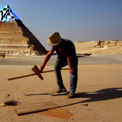 Image similar to a man cutting wood in front of egypt pyramids