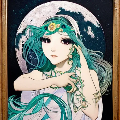 Image similar to Une superbe!! Hatsune Miku, sous la pleine lune,, par Manara et Ryan JiaAlphonse Mucha et Steve McCurry. Très détaillé, peinture à l'huile