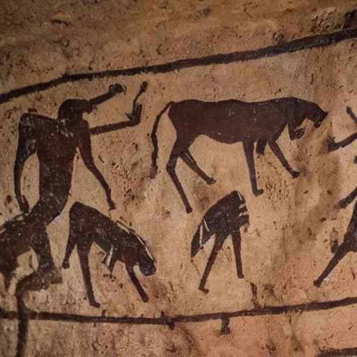 Prompt: a photo of neolithic cave painting of patapons fighting mochichichi, 4 k, history channel, high quality