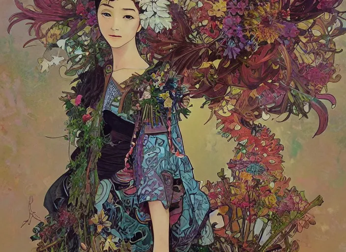 Image similar to oil painting, long shot, beautiful floralpunk iban bio mechanical female illustration detailed patterns art of sarawak traditional dress, flower pop art, floral splash painting, art by ashley wood, alphonse mucha, makoto shinkai, geof darrow, dark shadow