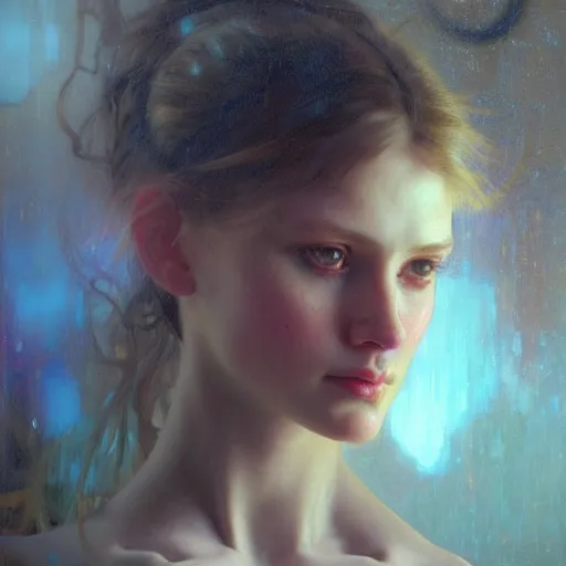 Prompt: hyperrealist portrait of a pretty young female robot with large sad eyes standing in front of a computer simulation by jeremy mann and alphonse mucha, fantasy art, photo realistic, dynamic lighting, artstation, poster, volumetric lighting, very detailed faces, award winning, full face, symmetry