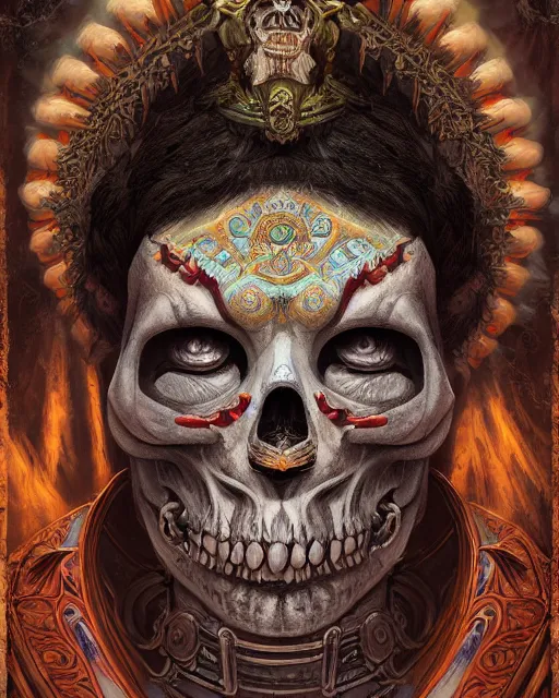 Prompt: digital painting of cizin, undead mayan god of death by filipe pagliuso and justin gerard, symmetric, fantasy, highly detailed, realistic, intricate, portrait, sharp focus, tarot card