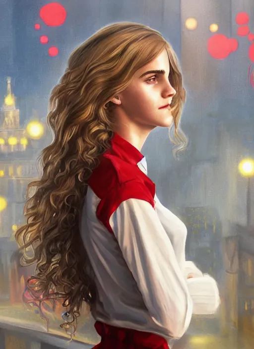 Image similar to portrait of teenage emma watson, long haircut, flowing blonde curly hair, white shirt, red tie, smiling kindly, soviet house at background, 1 9 8 0 s, intricate, elegant, glowing lights, highly detailed, digital painting, artstation, concept art, smooth, sharp focus, illustration, art by wlop, mars ravelo and greg rutkowski