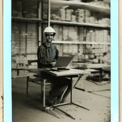 Image similar to a polaroid photo of man using a laptop inside in warehouse, he sitting on chair and small table, he's wearing blue cloth and construction hat, photo from behind, high details, perfect face shape