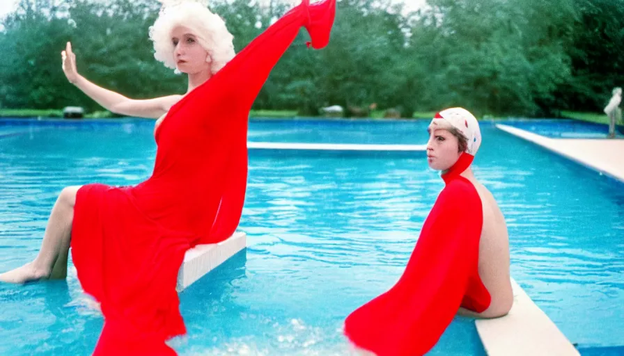 Prompt: 1 9 7 0 s movie still of platon in red drapery in a blue neoclassical swimming pool with collums, cinestill 8 0 0 t 3 5 mm, high quality, heavy grain, high detail, panoramic, ultra wide lens, cinematic light, dramatic light, flares anamorphic