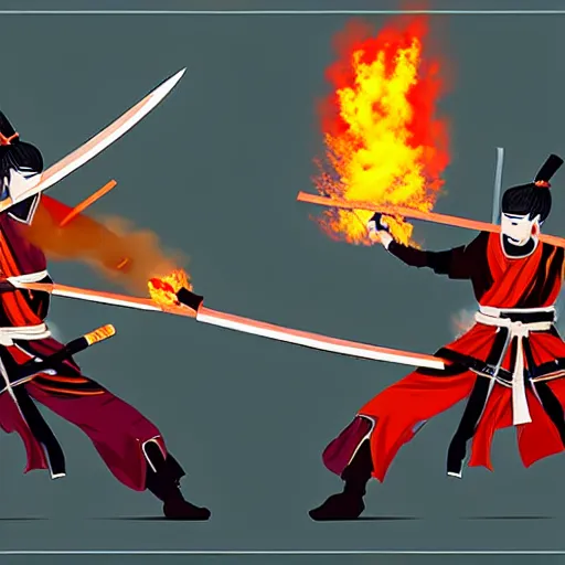 Prompt: Two samurais with flaming swords fighting, 8k, concept art, elegant