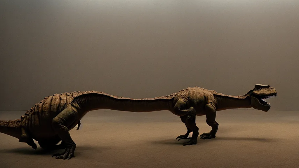 Image similar to the dinosaur floats through a museum, made of wax and water, film still from the movie directed by Denis Villeneuve with art direction by Zdzisław Beksiński, wide lens