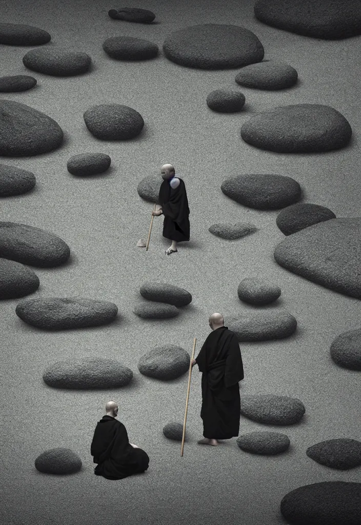 Image similar to portrait of a lone monk raking stones in a beautiful serene zen garden kyoto, japan, a collage painting, in the style of wes anderson, lola dupre, david hockney, isolated on negative white space background dark monochrome fluorescent neon spraypaint accents volumetric octane render