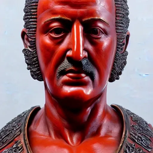 Image similar to museum stallone portrait statue monument made from porcelain brush face hand painted with iron red dragons full - length very very detailed intricate symmetrical well proportioned balanced