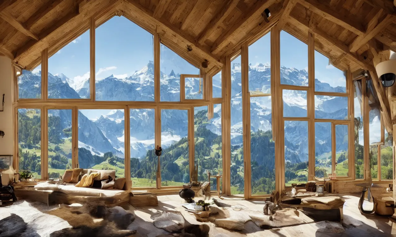 Image similar to fantastical living room with switzerland landscape in the window