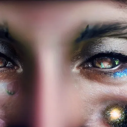 Image similar to photo portrait of woman face with galaxies reflected inside her eyes, by Steve McCurry
