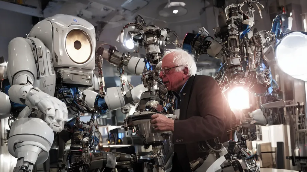 Image similar to bernie sanders putting the finishing touches on a cute clockwork doomsday robot, cinematic moody lighting, sharp focus, imax