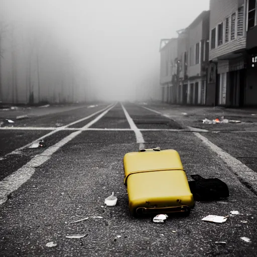 Prompt: Shot from below, of a ransacked suitcase left on the ground, in a town filled with pale yellow mist. In the background, cars are abandoned. Dystopian. End of the world. Depth of field. Film grain. Documentary photo. Sigma 40mm f/1.4 DG HSM