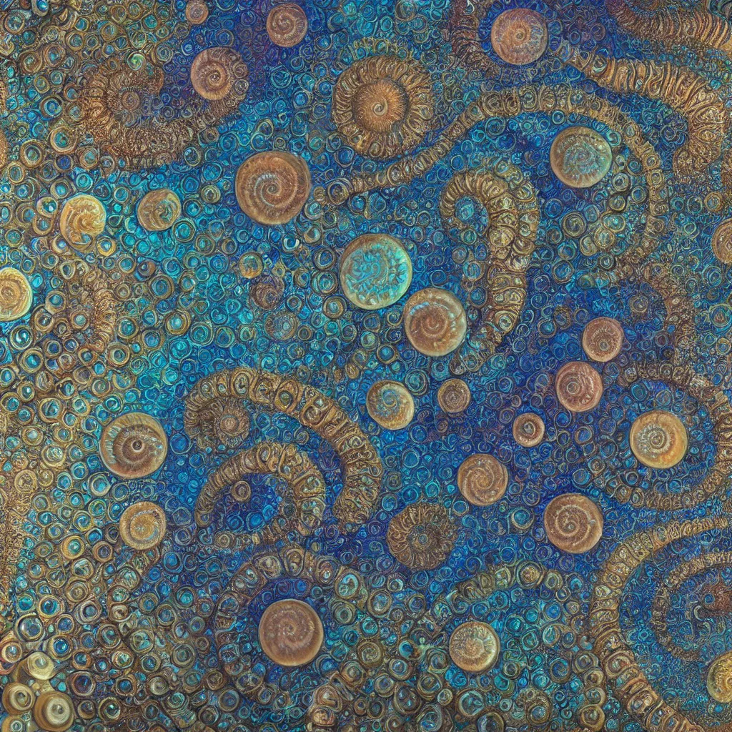 Prompt: bubbles in cresting oil slick waves, ammonites, art nouveau, organic rippling spirals, photorealistic hyperdetailed ultrasharp octane render, art forms from nature by ernst haeckel