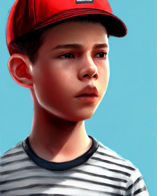 Prompt: a young boy wearing a horizontal striped shirt and a red baseball cap, smooth, intricate, elegant, digital painting, artstation, concept art, sharp focus, octane render, illustration, art by ayami kojima, apex legends character,