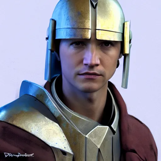 Image similar to a young blonde male jedi with short hair standing still, over the shoulder shot, ots shot, third-person shot, full-length, head-to-toe, full body photography, extremely long shot, long shot, concept art by Doug Chiang cinematic, realistic painting, high definition, concept art, the Mandalorian concept art style