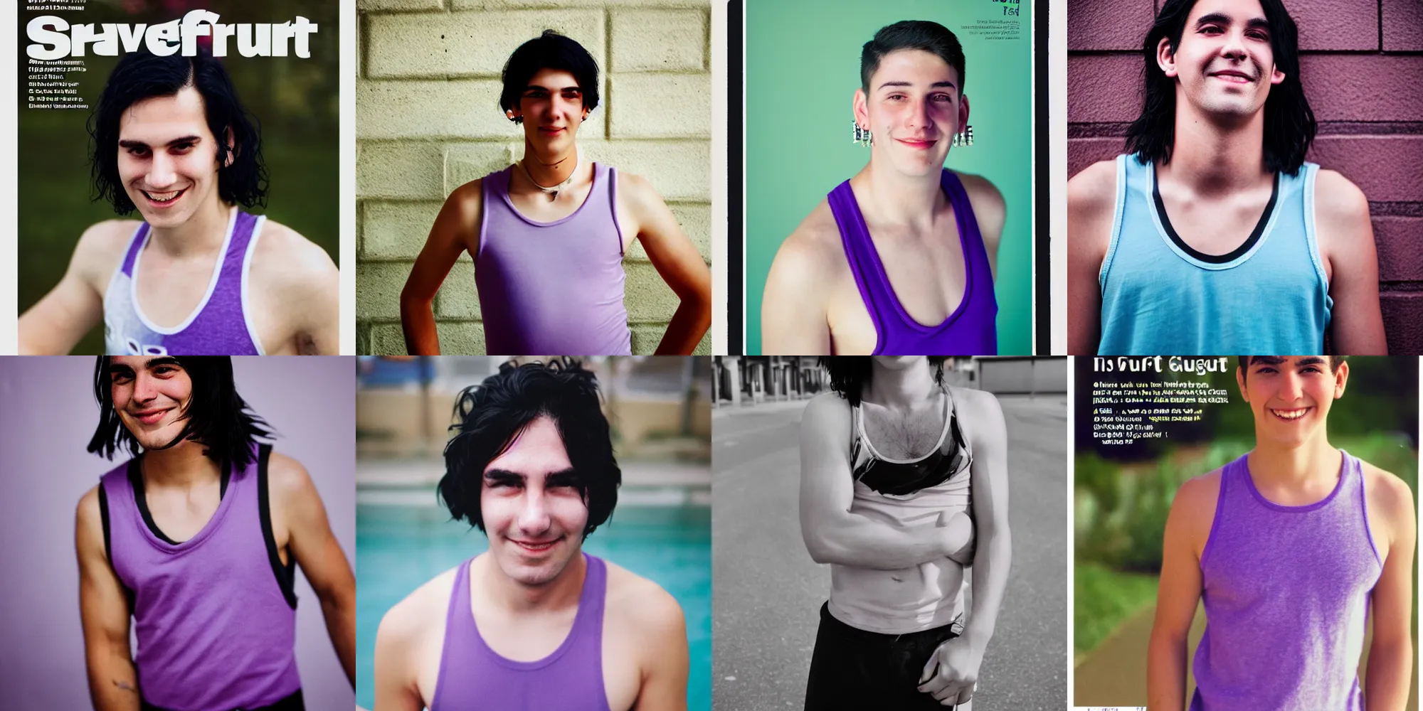 Prompt: softblur portrait of a highschool senior with middle long black hair, shaven face, silver earring, violet tight tanktop, he is smirking into the camera for a cover of a gay print magazine, agfa akurit, street photography, lomography, after swimming, blurred