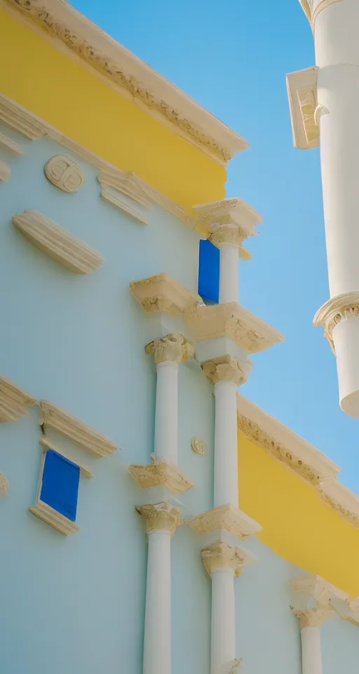 Prompt: pastel yellow greek architecture in front of a light blue clear sky, beautiful, minimalistic, aesthetic, two tone