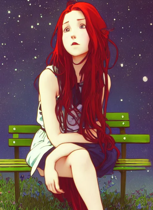 Prompt: pretty young woman with long red hair sitting on a park bench under bright moonlight, path traced, highly detailed, high quality, digital painting, by studio ghibli and alphonse mucha, leesha hannigan, makoto shinkai, disney