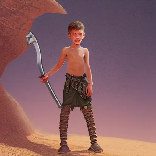 Prompt: a detailed illustration of a boy in the desert holding a sword, fantasy art illustration, incredibly highly detailed and realistic, 8 k, sharp focus