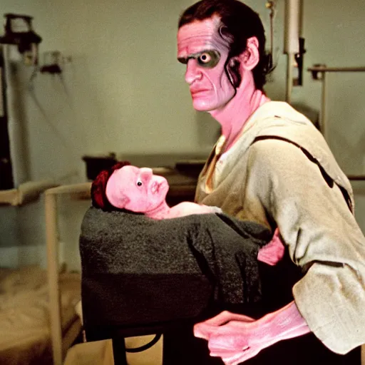 Prompt: frankenstein as an midwife delivering a baby in a hospital realistic 3 5 mm cinematic