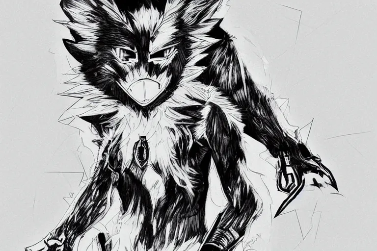 Prompt: a cyberpunk anthropomorphic wolf with a fluffy tail, comic art, trending on furaffinity, cartoon, kawaii, backlighting, furry art!!!, black and white, concept art