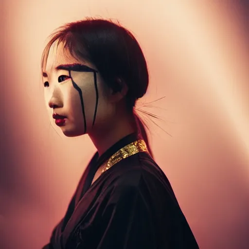 Prompt: filmstill, over the shoulder photography of asian girl with golden makeup looking in to the camera, black lips, black kimono, black pagoda, black face tattoo, sad mood, god rays, volumetric light, lightbeams, art noveau style, neobrutalistic