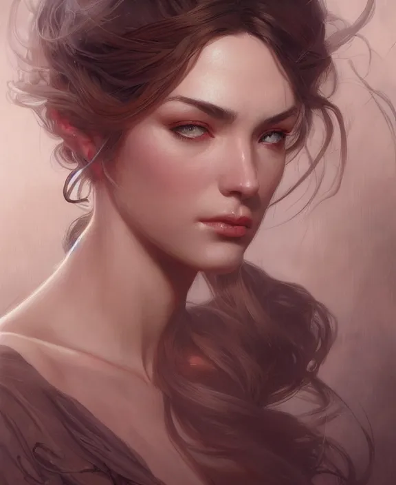 Image similar to portrait close up of woman, concentrated look, symmetry, d & d, fantasy, intricate, elegant, highly detailed, digital painting, artstation, concept art, art by artgerm and greg rutkowski and alphonse mucha, boris vallejo